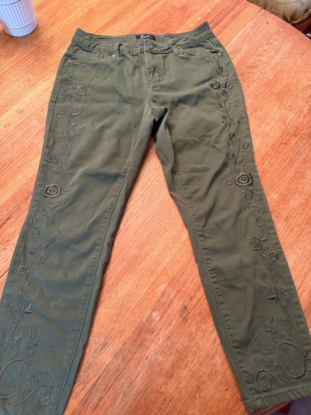 Earl Jeans Olive Green Floral Embroidered Pants